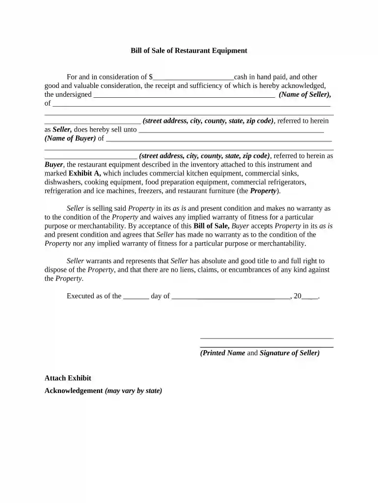 bill of sale for restaurant Preview on Page 1