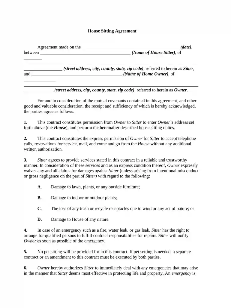 house sitting agreement template Preview on Page 1