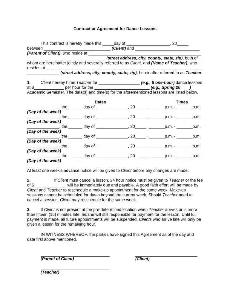 dance contract template Preview on Page 1