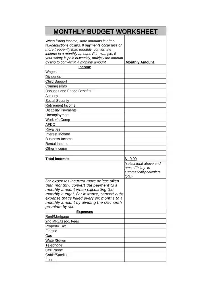budget worksheet pdf Preview on Page 1