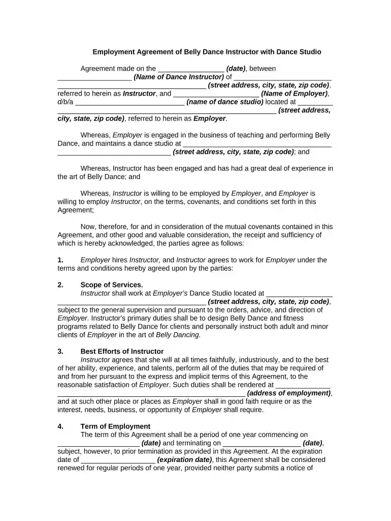 dance teacher contract sample Preview on Page 1
