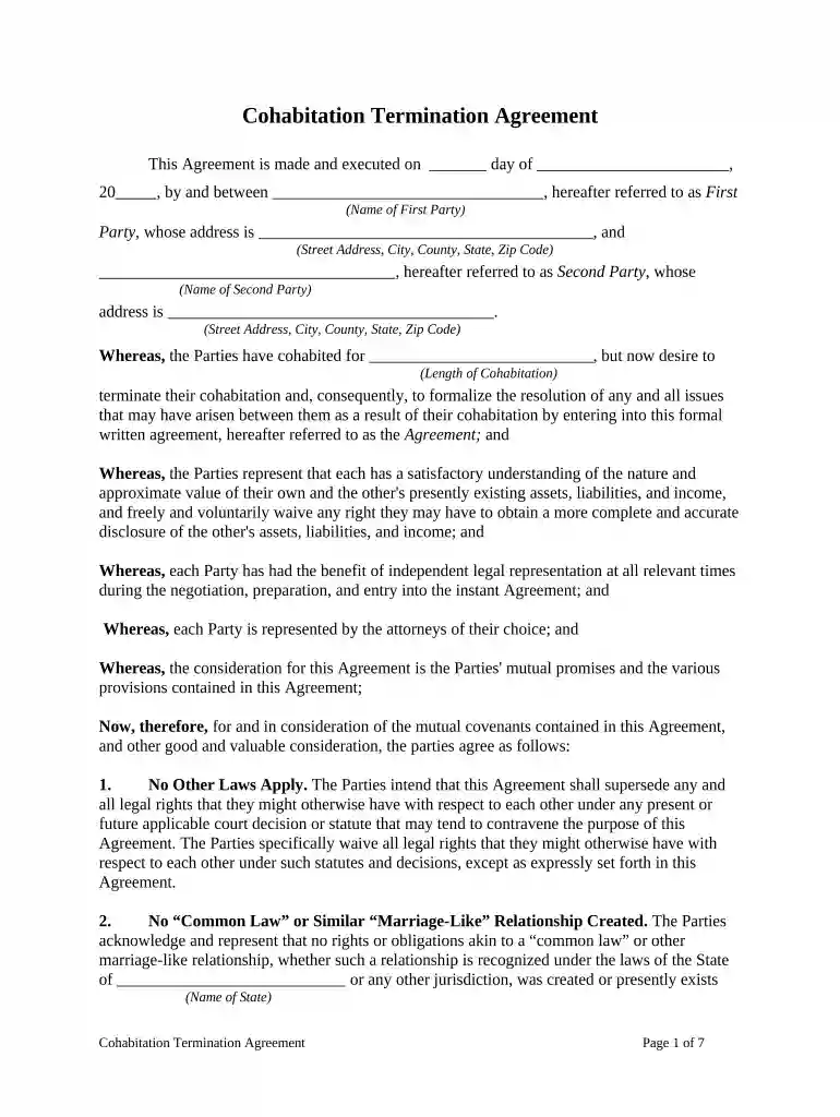 Cohabitation Termination Agreement Preview on Page 1