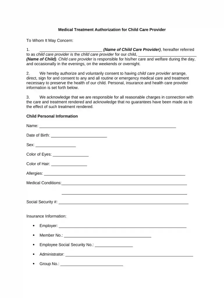 authorization care form Preview on Page 1
