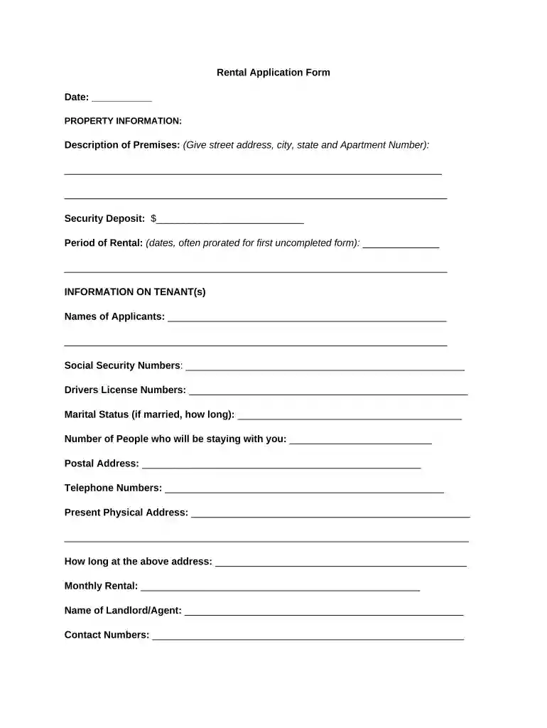 blank printable rental application Preview on Page 1