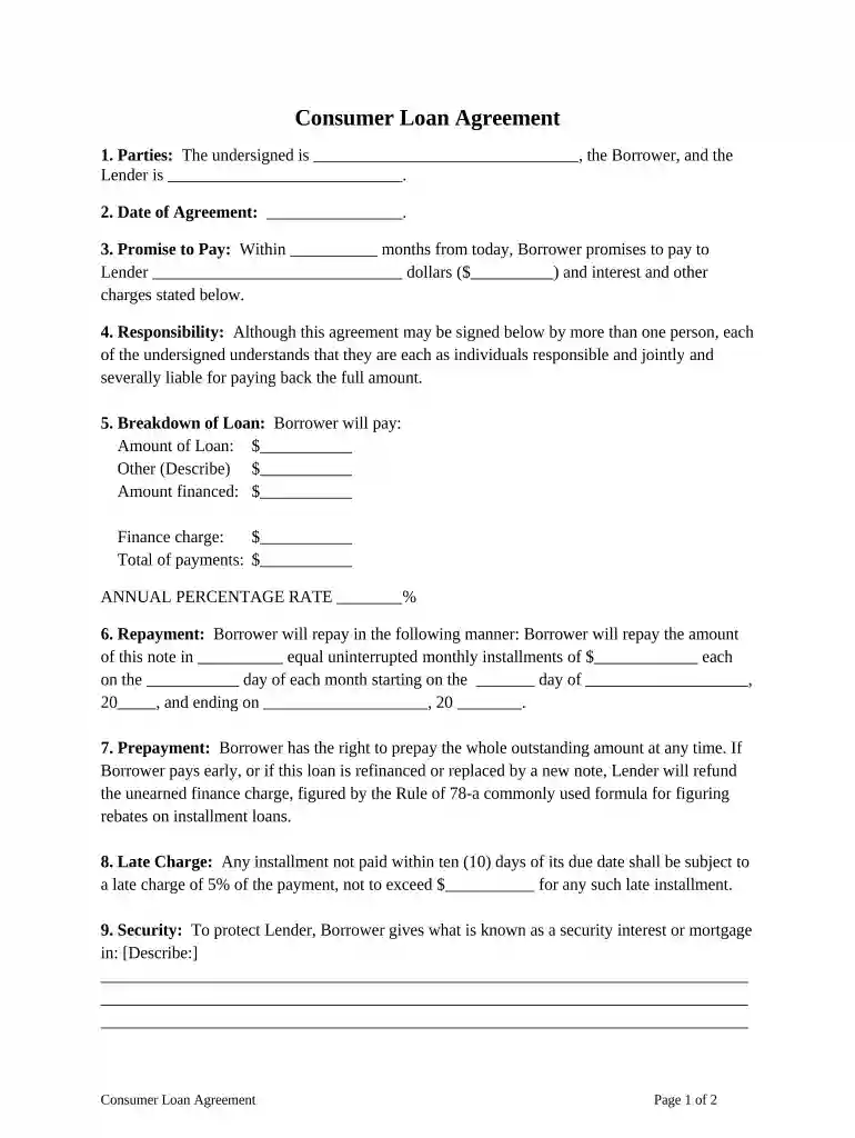 consumer loan agreement Preview on Page 1