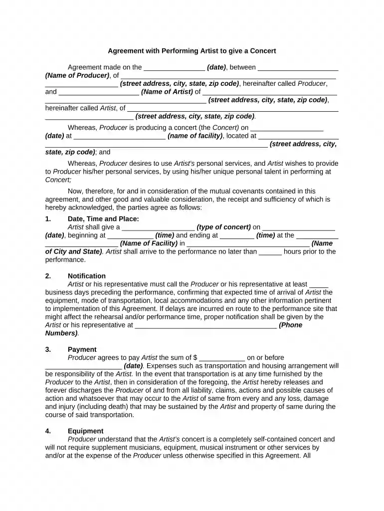 agreement performing artist Preview on Page 1