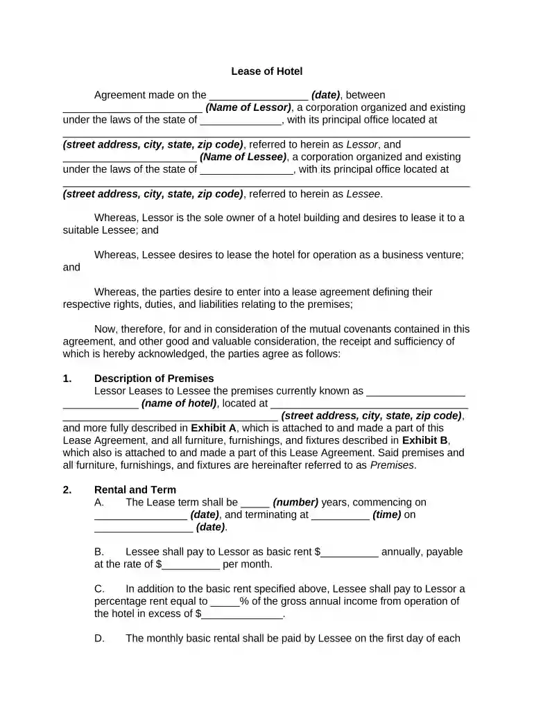 hotel lease agreement sample Preview on Page 1