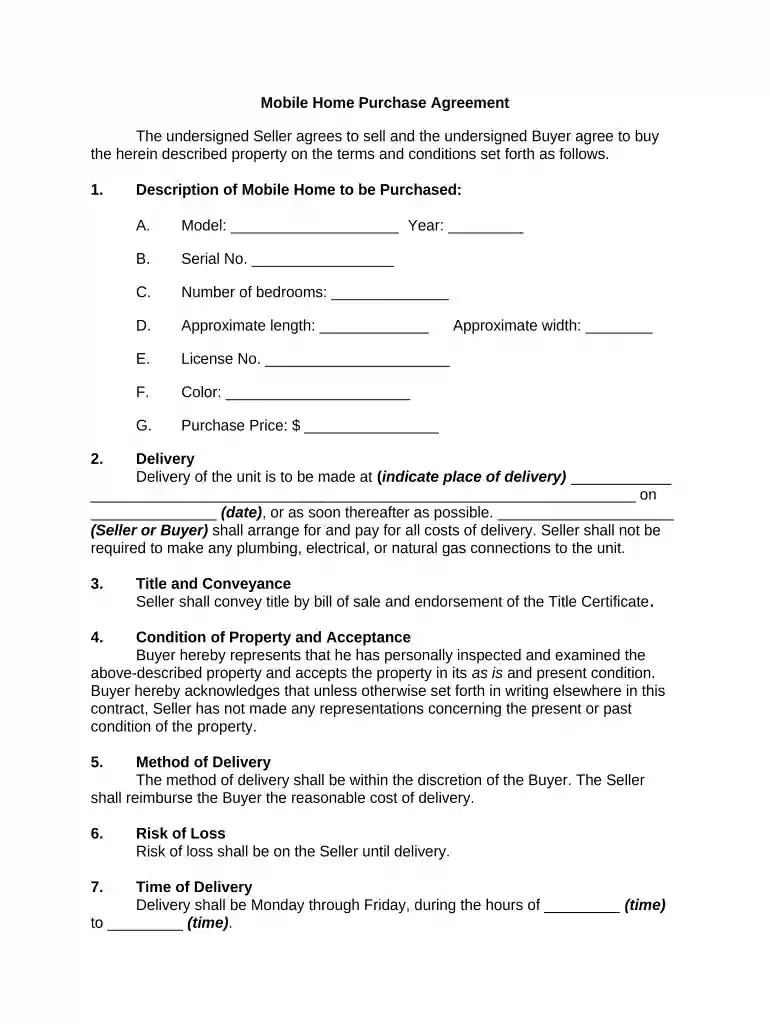 mobile home purchase agreement pdf Preview on Page 1