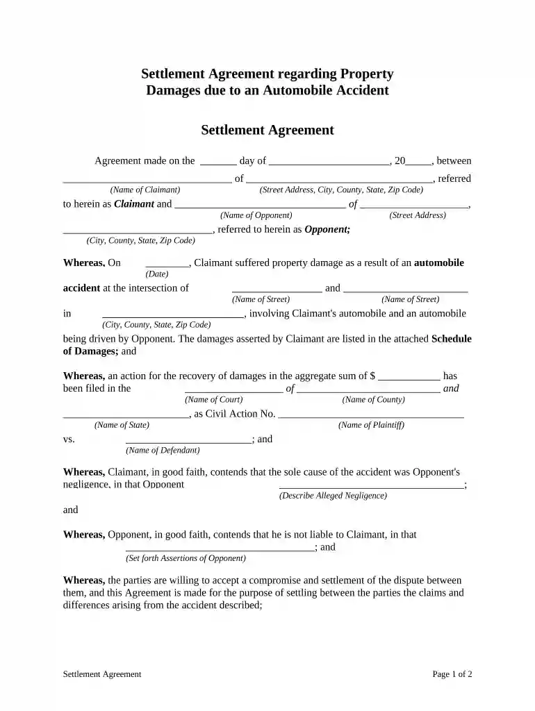 simple car accident settlement agreement form Preview on Page 1