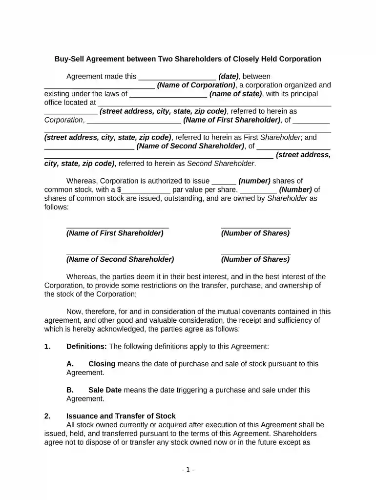buy sell agreement template Preview on Page 1