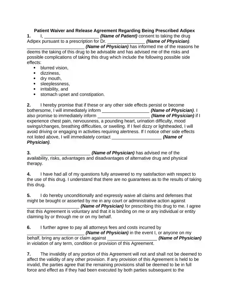 patient waiver form Preview on Page 1