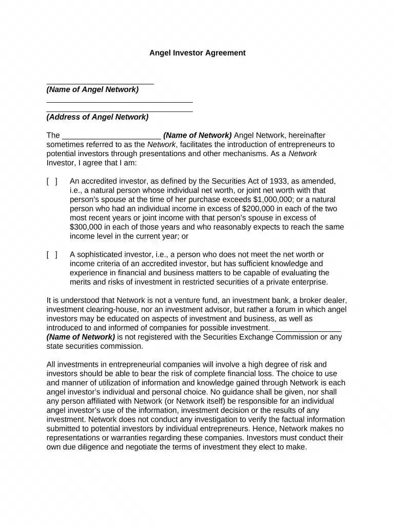 angel investment agreement template Preview on Page 1