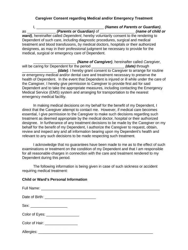 caregiver consent form Preview on Page 1