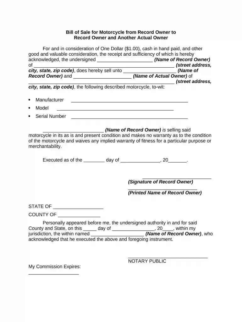 motorcycle bill of sale template Preview on Page 1