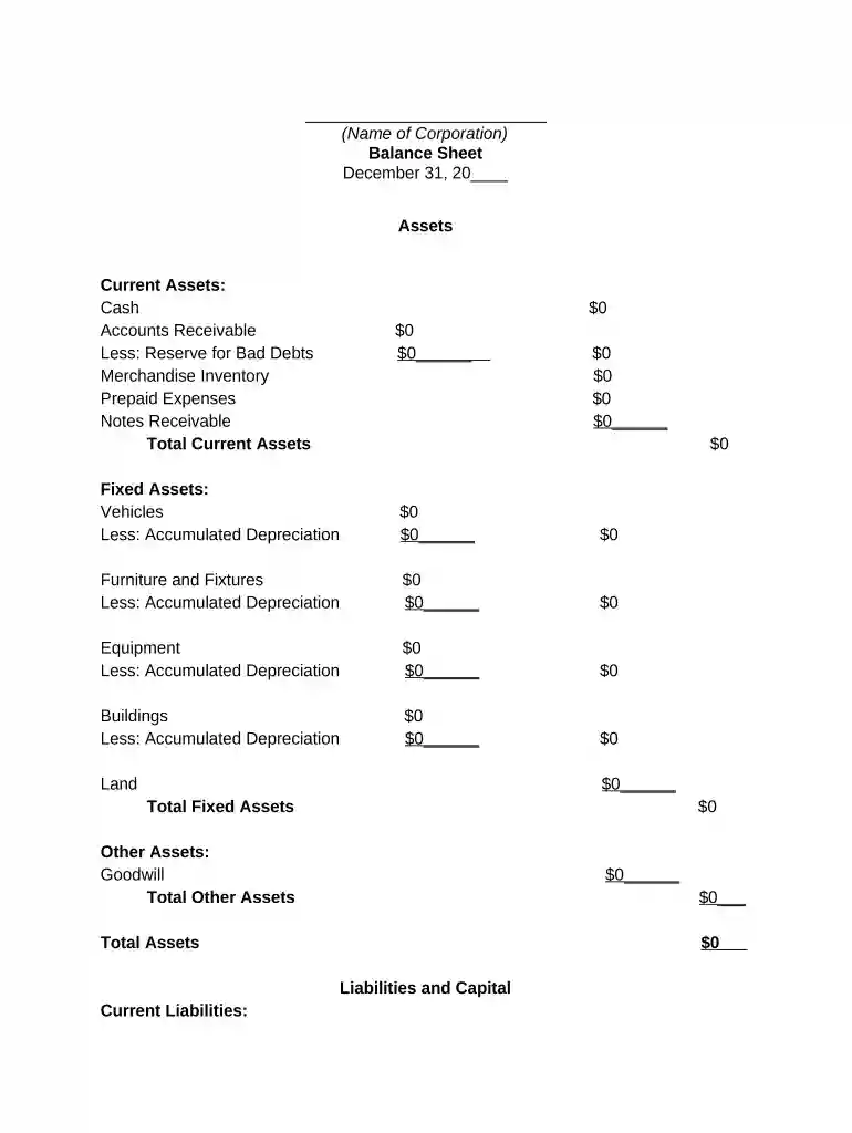 Balance Sheet Preview on Page 1