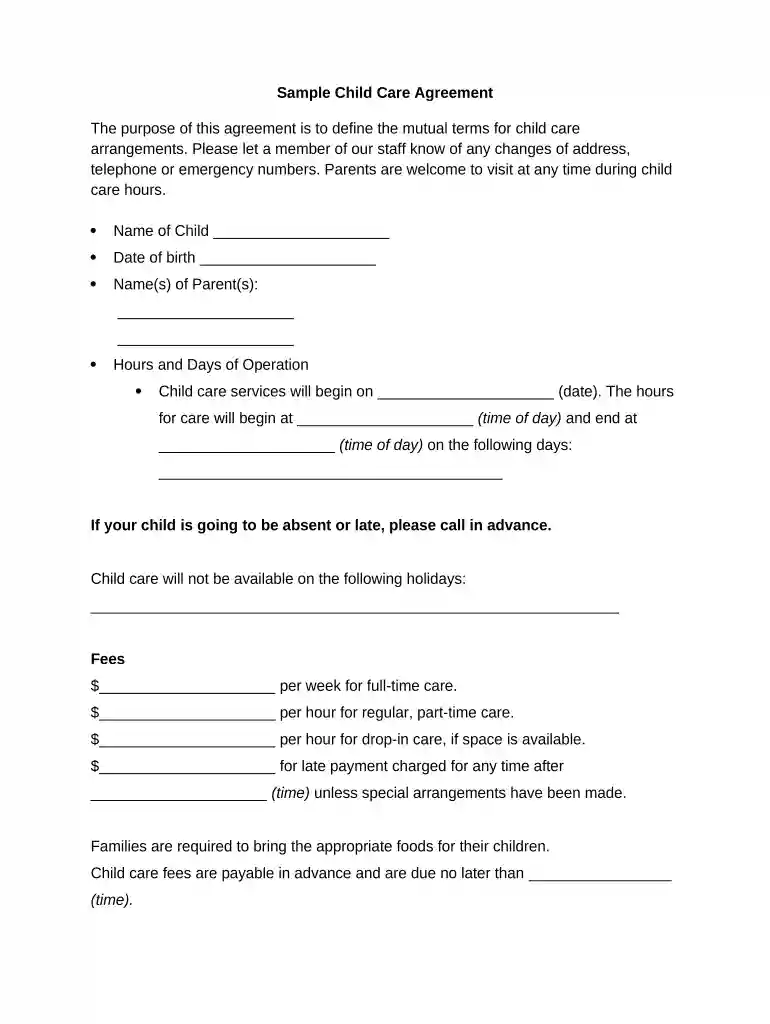 child care agreement contract Preview on Page 1