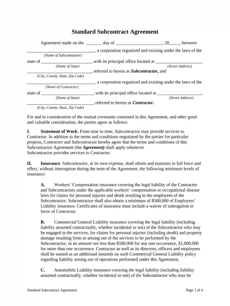 standard subcontract agreement Preview on Page 1