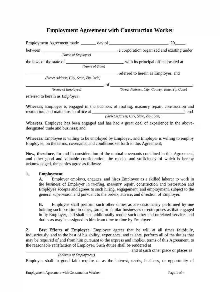 employment agreement worker Preview on Page 1