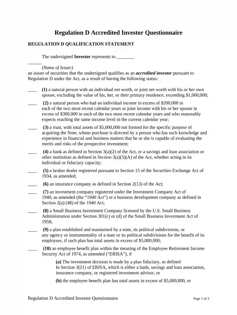 accredited investor questionnaire template Preview on Page 1
