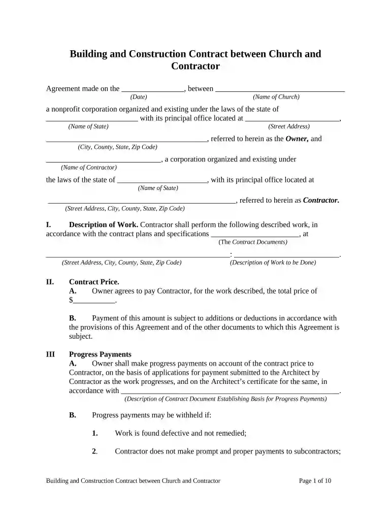 Building and Construction Contract Between Church and Contractor Preview on Page 1