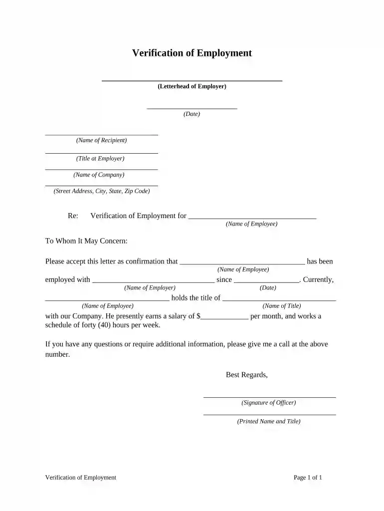 fillable employment verification form Preview on Page 1