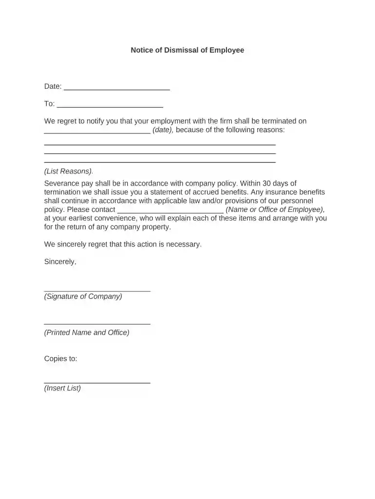 dismissal letter to employee Preview on Page 1