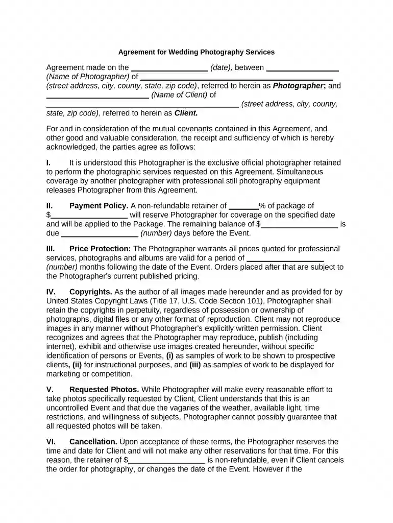 wedding photography contract Preview on Page 1