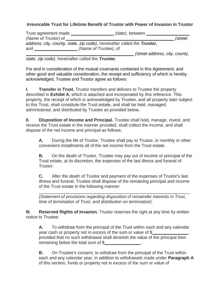 irrevocable trust example Preview on Page 1