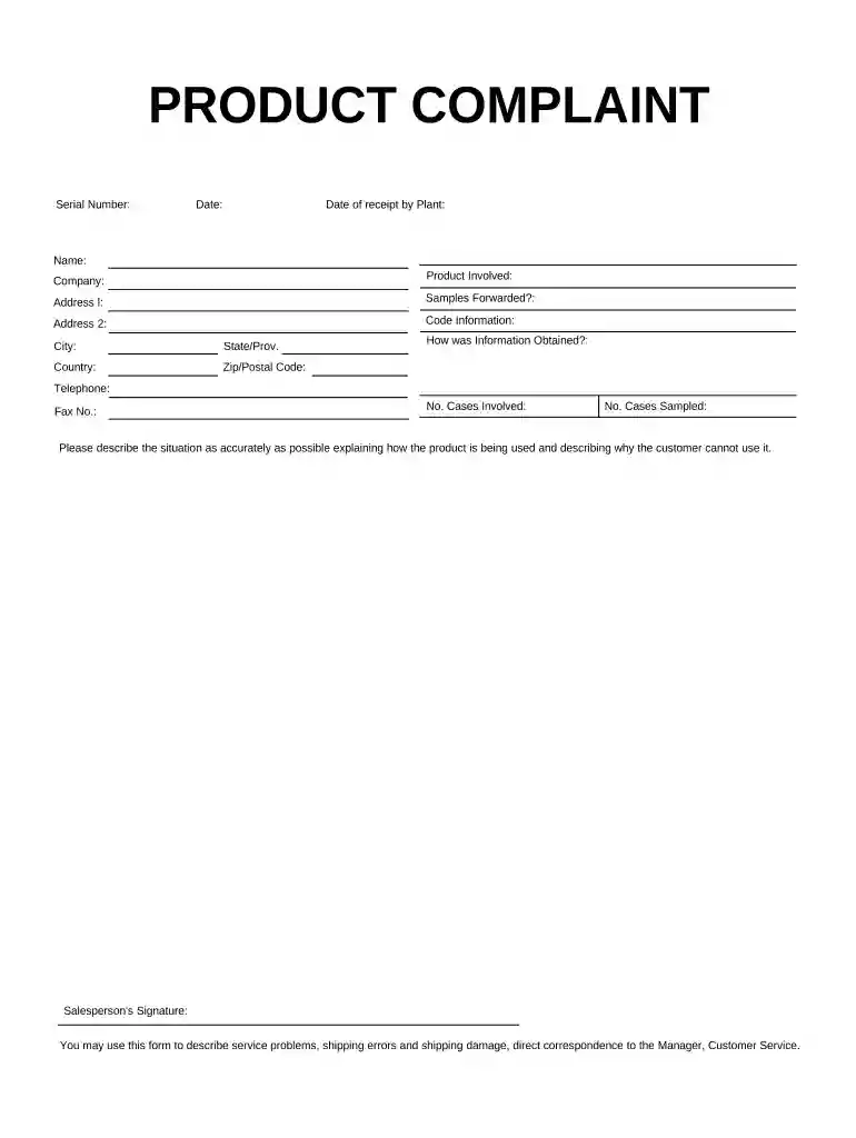 product complaint form Preview on Page 1