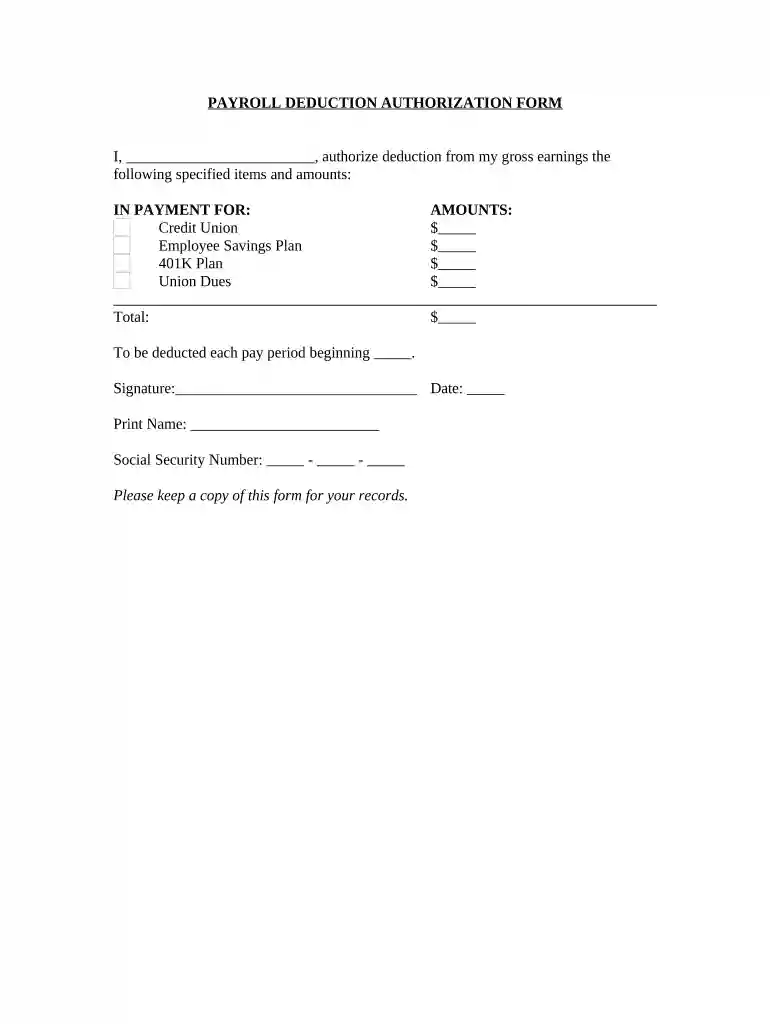 payroll deduction authorization form pdf Preview on Page 1