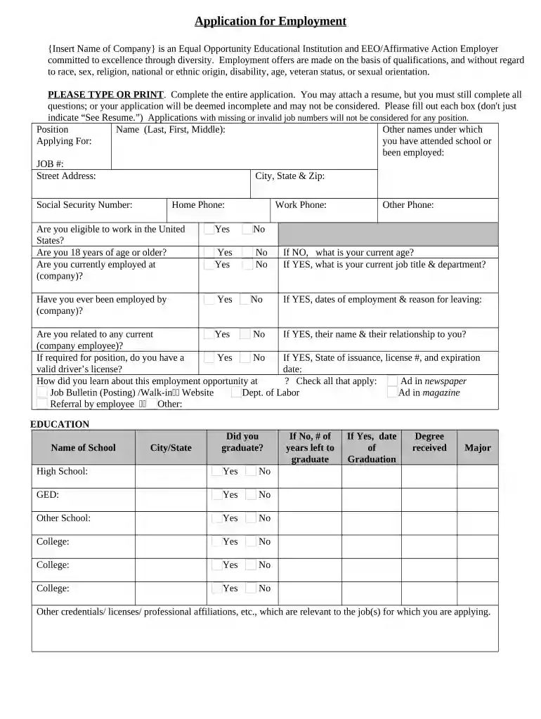 application employment Preview on Page 1