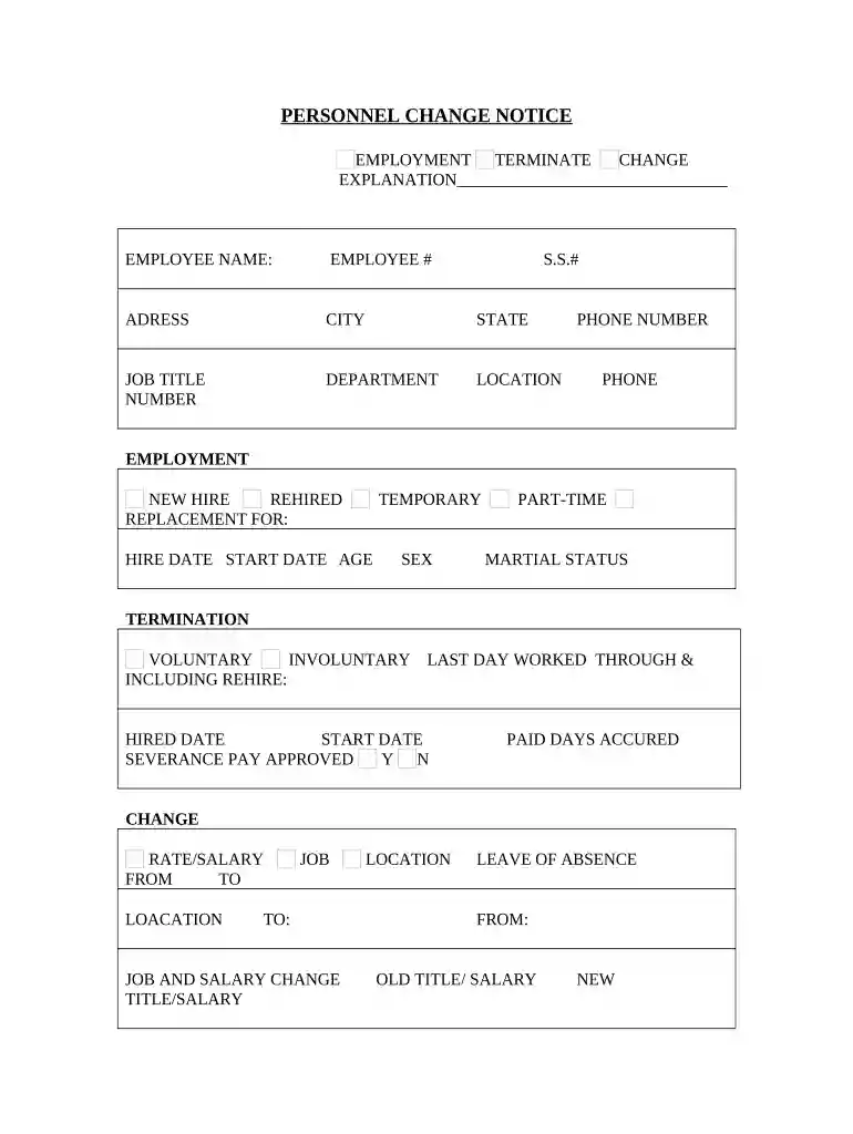 personnel change form Preview on Page 1