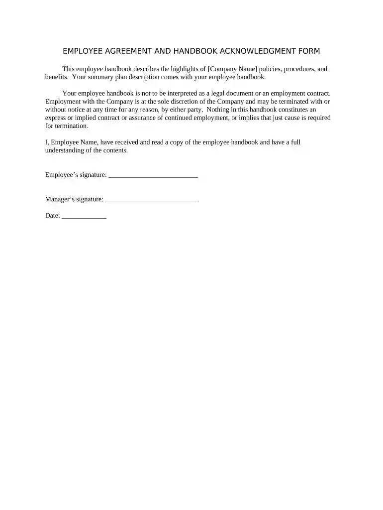 handbook agreement form Preview on Page 1