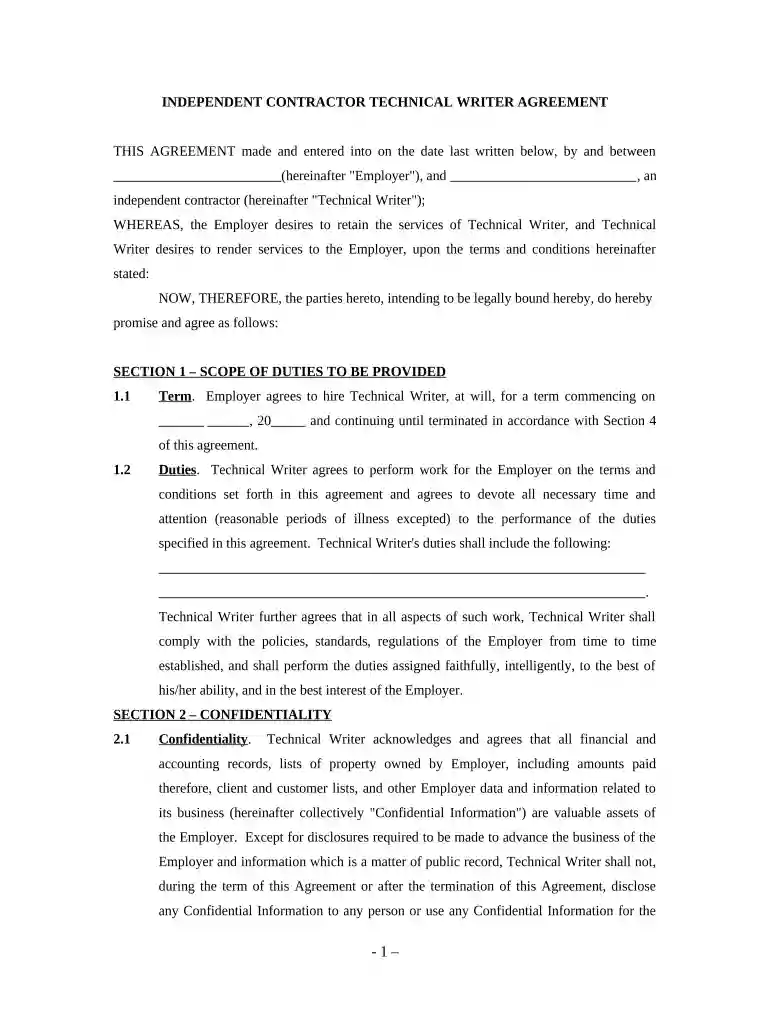 technical writer contract template Preview on Page 1