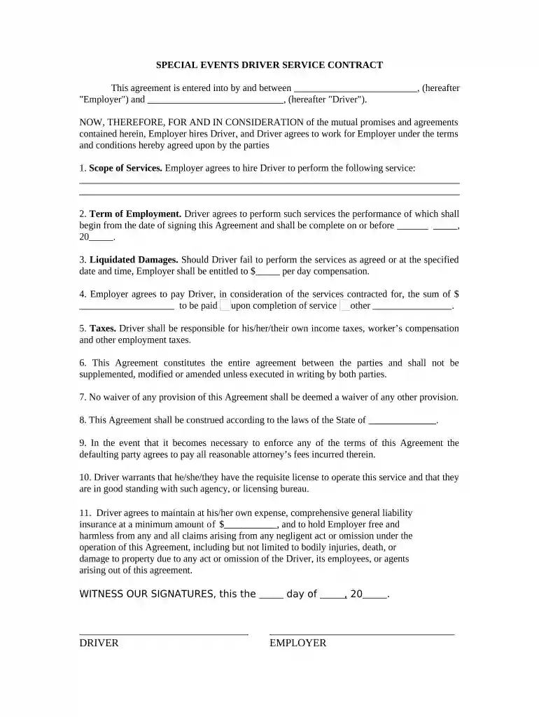 Self-Employed Special Events Driver Services Contract Preview on Page 1