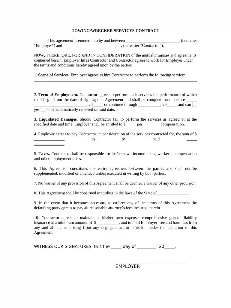 towing contract template Preview on Page 1