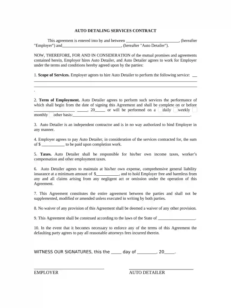 car detailing contract template Preview on Page 1