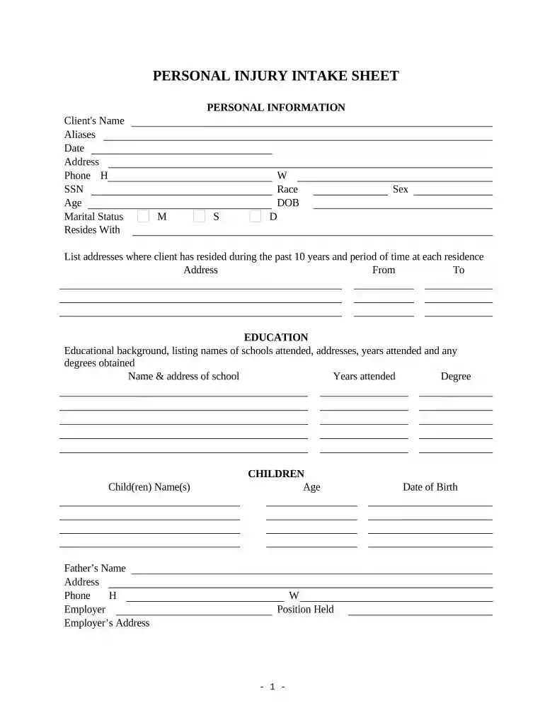 personal injury intake form template Preview on Page 1