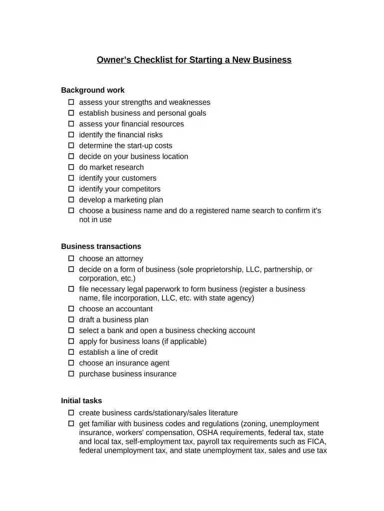 checklist for starting a business Preview on Page 1