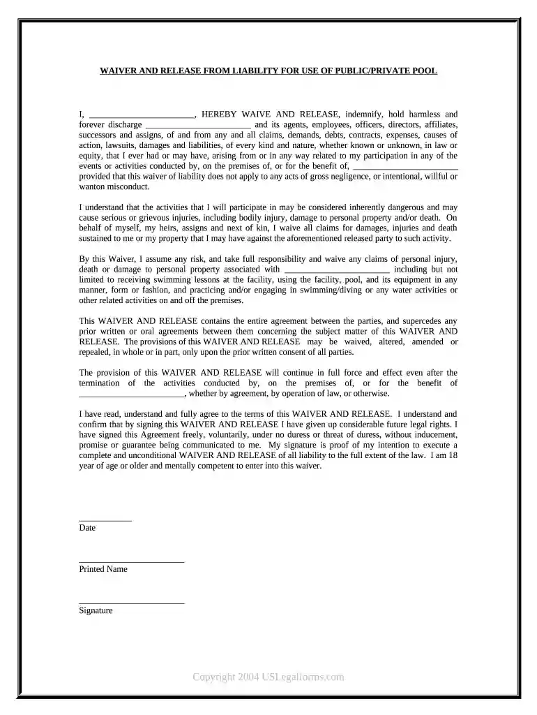 pool liability waiver Preview on Page 1