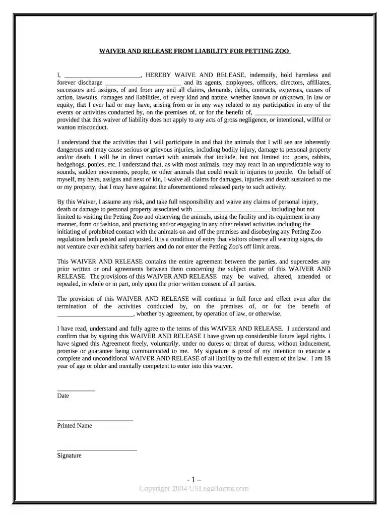 petting zoo waiver Preview on Page 1