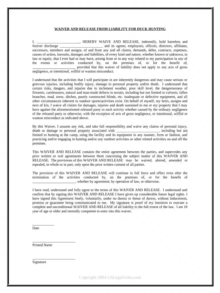hunting liability waiver Preview on Page 1