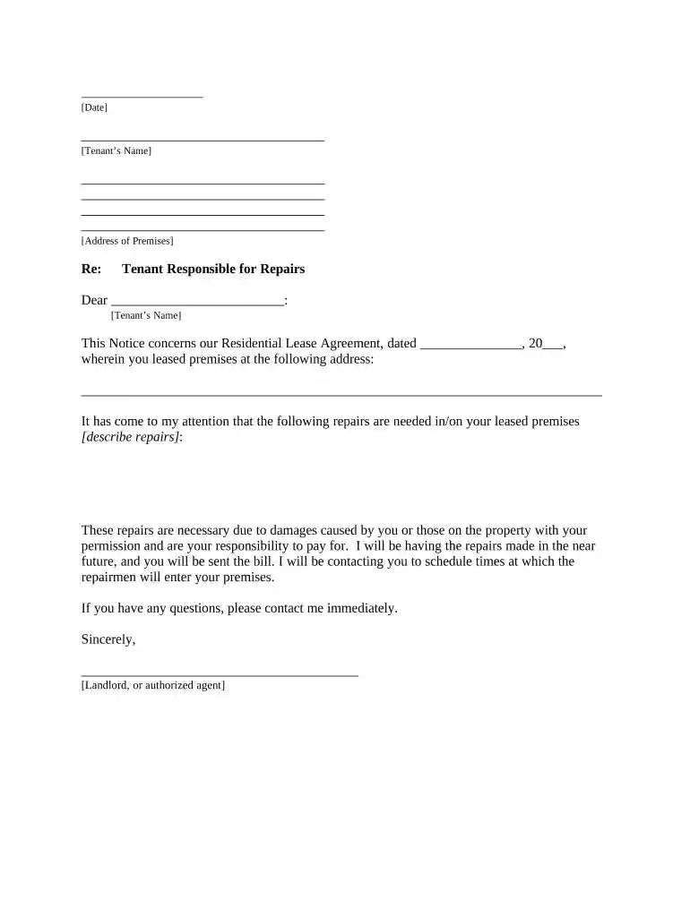 Letter from Landlord to Tenant as Notice to tenant to repair damage caused by tenant - Utah Preview on Page 1