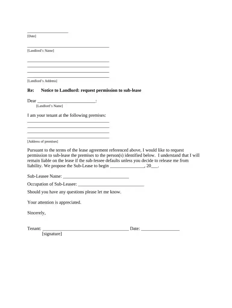 Letter from Tenant to Landlord containing Request for permission to sublease - Utah Preview on Page 1