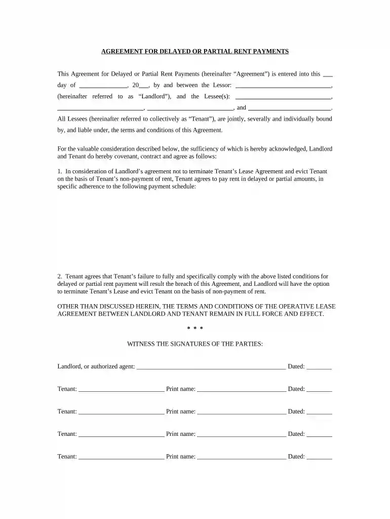 Agreement for Delayed or Partial Rent Payments - Utah Preview on Page 1