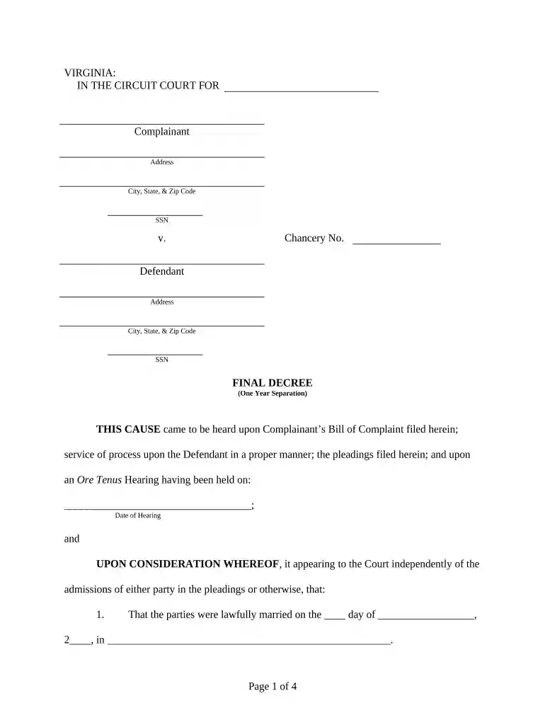virginia divorce decree template Preview on Page 1