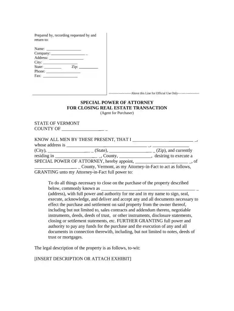 Special or Limited Power of Attorney for Real Estate Purchase Transaction by Purchaser - Vermont Preview on Page 1