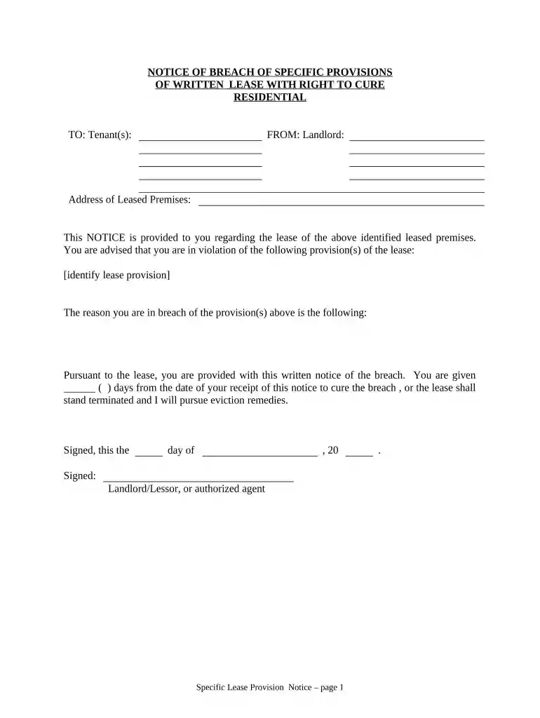 notice of breach of lease agreement Preview on Page 1