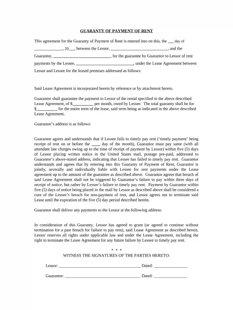 Guaranty or Guarantee of Payment of Rent - Washington Preview on Page 1