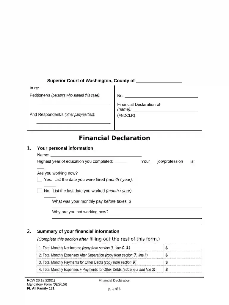financial declaration form washington state Preview on Page 1